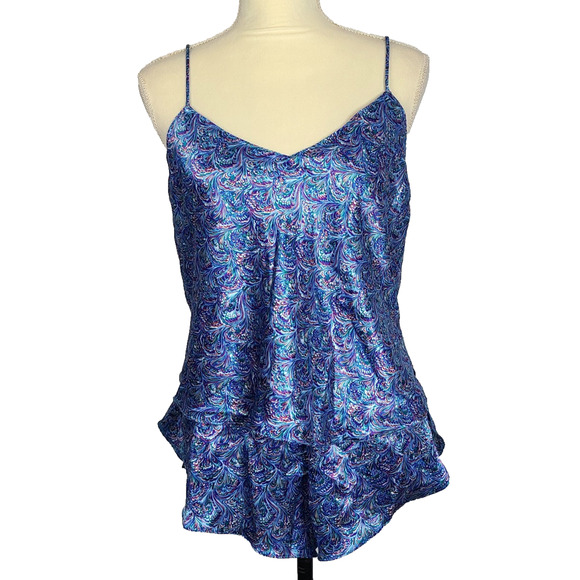 VTG Henson Kickernick Satin Robe Tank Shorts Large Blue Peacock Pajamas Lounge - Picture 4 of 16